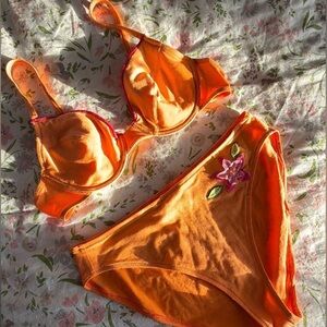 Y2K Orange Floral Embroidered Bikini
